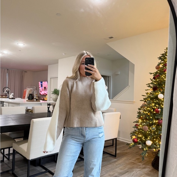 One arrival mock neck knit taupe white Women's Sweater - Picture 6 of 12